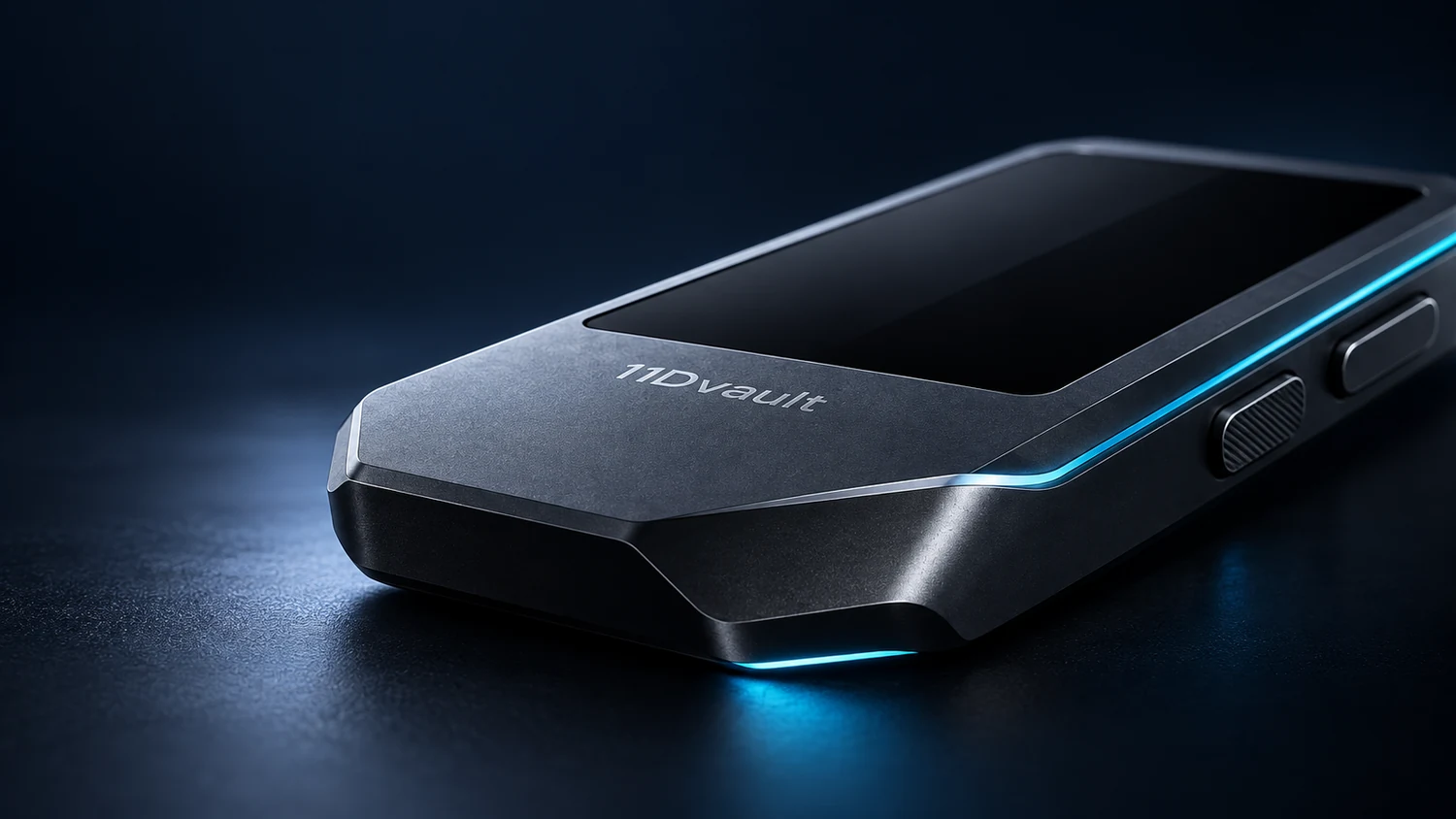 Branded 11Dvault hardware wallet design visualization showing a possible exterior detail